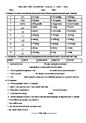 Đề kiểm tra 15 phút số 1 học kỳ I môn Tiếng Anh Lớp 11 - Năm học 2016-2017
